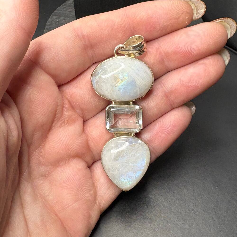 Sterling Silver Rainbow Moonstone and Clear Quartz Pendant Moonstone Pendant